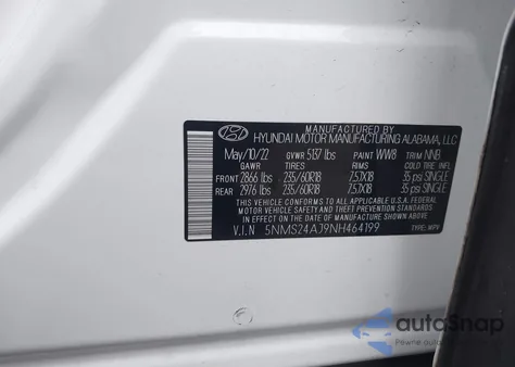 2022 Hyundai Santa Fe Sel z USA, uszkodzony, nr VIN 5NMS24AJ9NH464199